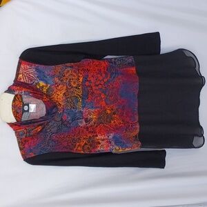 J Black Floral Cowl Neck Tunic Top W/Sheer Bottom Retro Multicolor Sz L, 20"PTP